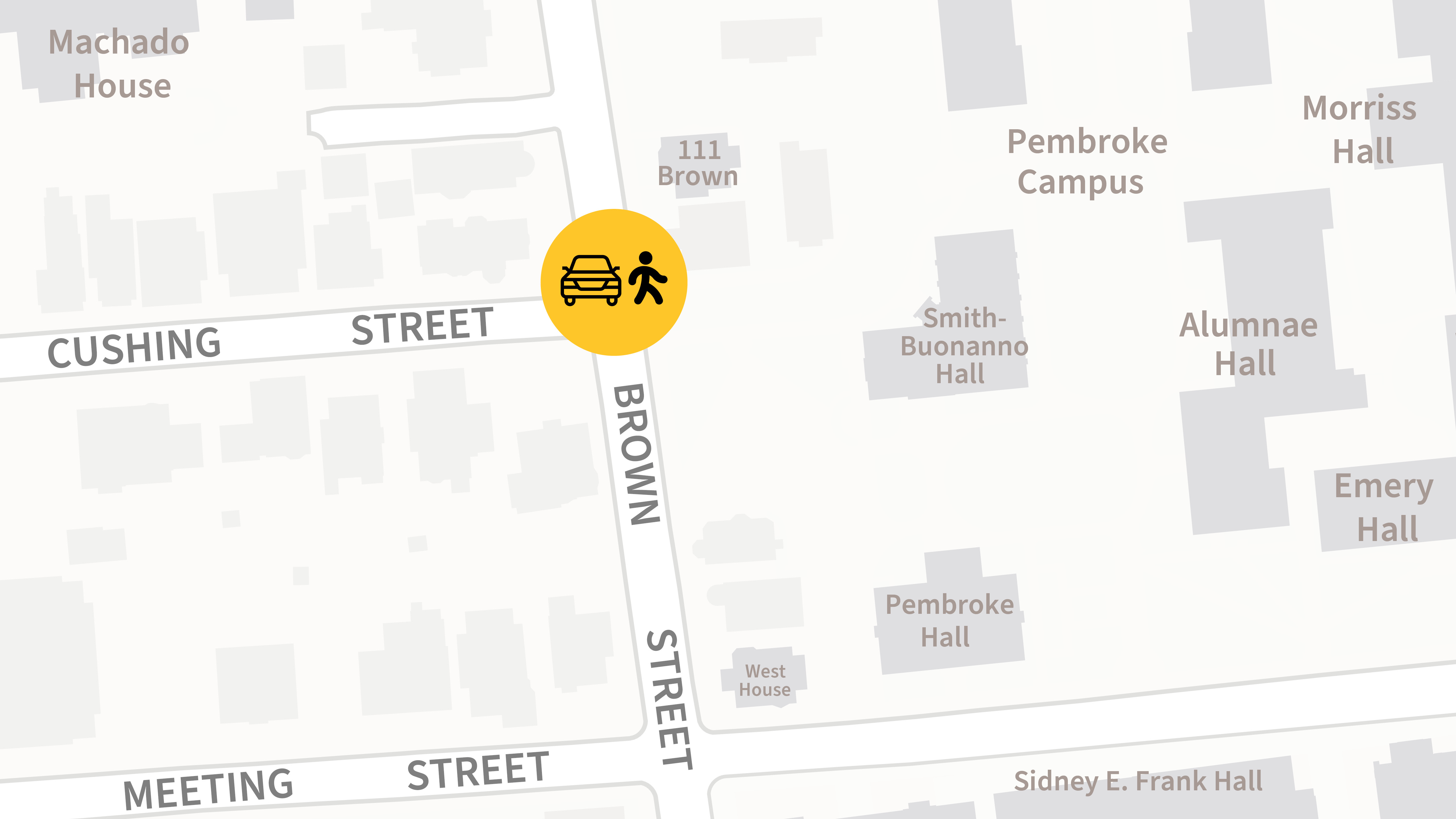 A map showing the intersection of Brown and Cushing streets.