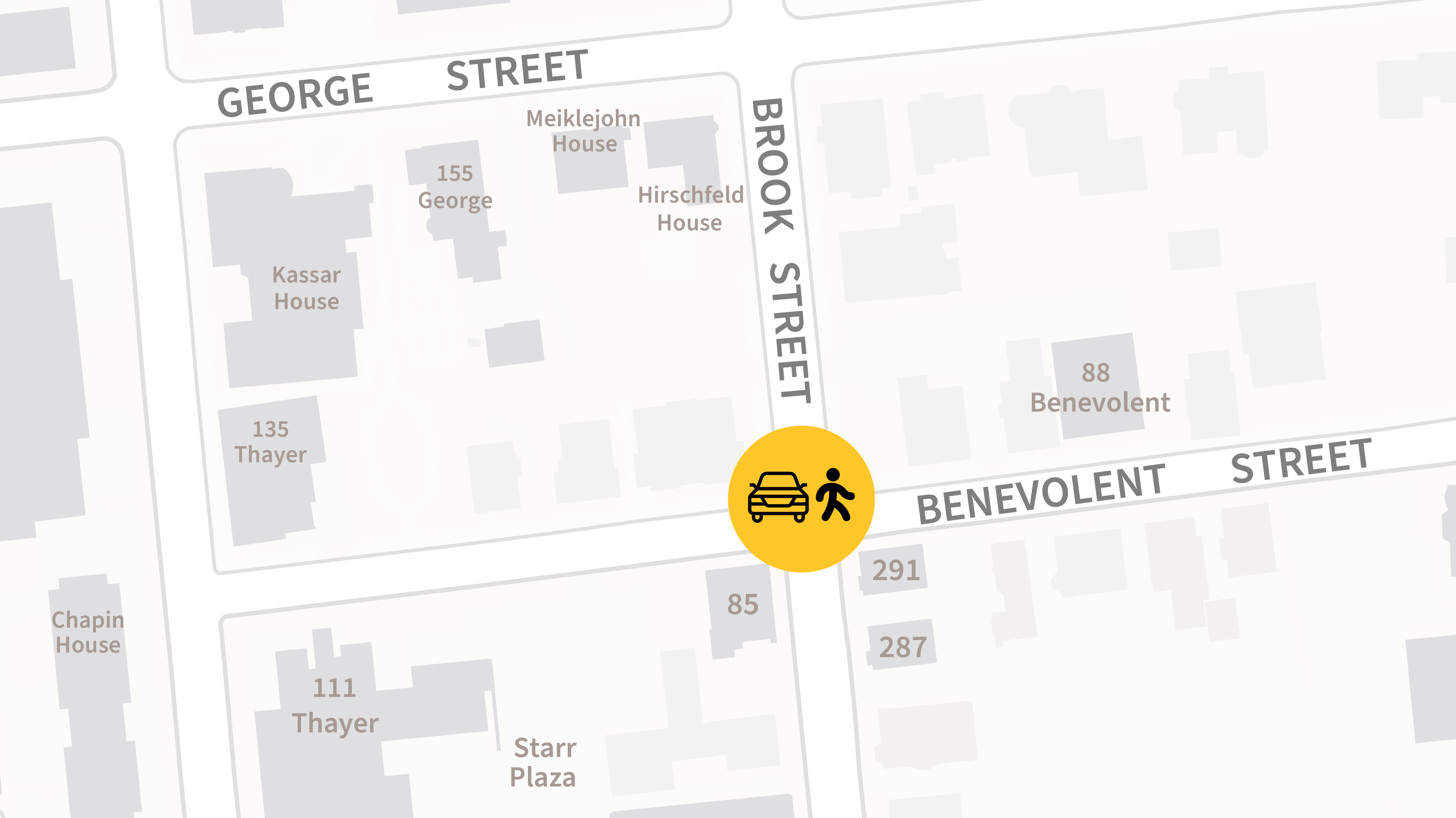Map showing the intersection of Brook and Benevolent streets.